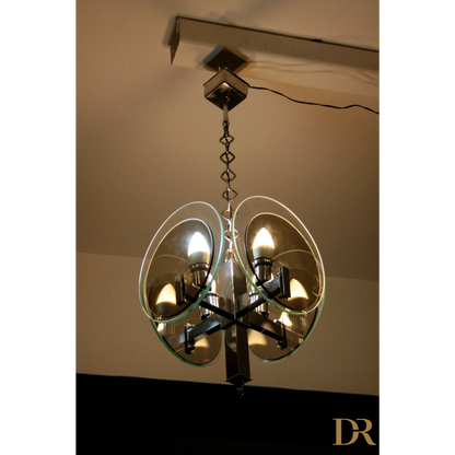 Lampadario vintage art in metallo cromato e vetro stile anni 70 Italia