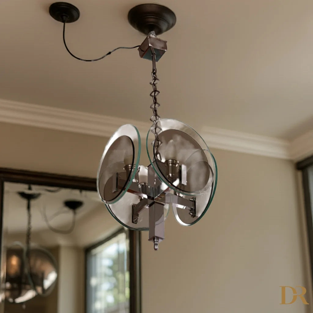 Lampadario vintage Art Déco con vetro e metallo cromato Italia anni 70