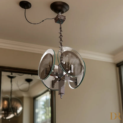 Lampadario vintage Art Déco con vetro e metallo cromato Italia anni 70