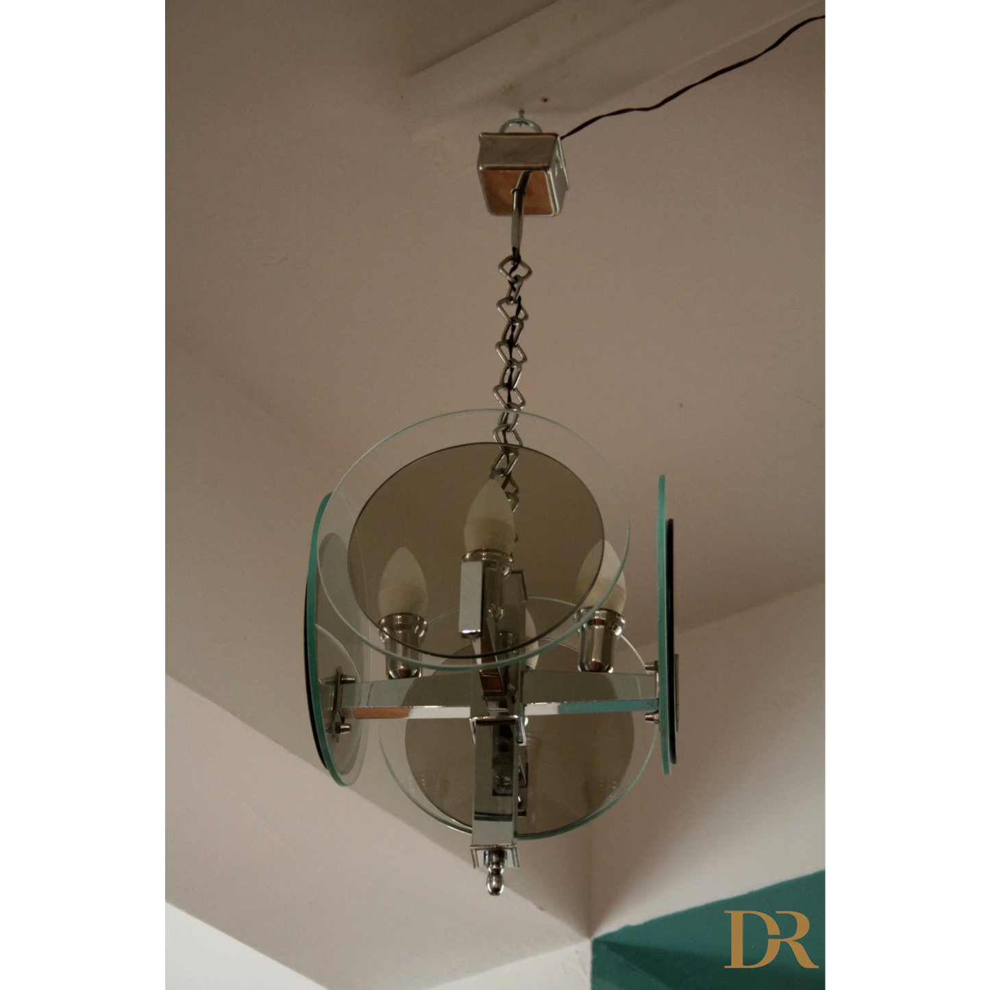 Lampadario vintage Art Déco in metallo cromato e vetro, stile anni 70 Italy