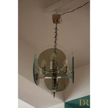 Lampadario vintage Art Déco in metallo cromato e vetro, stile anni 70 Italy