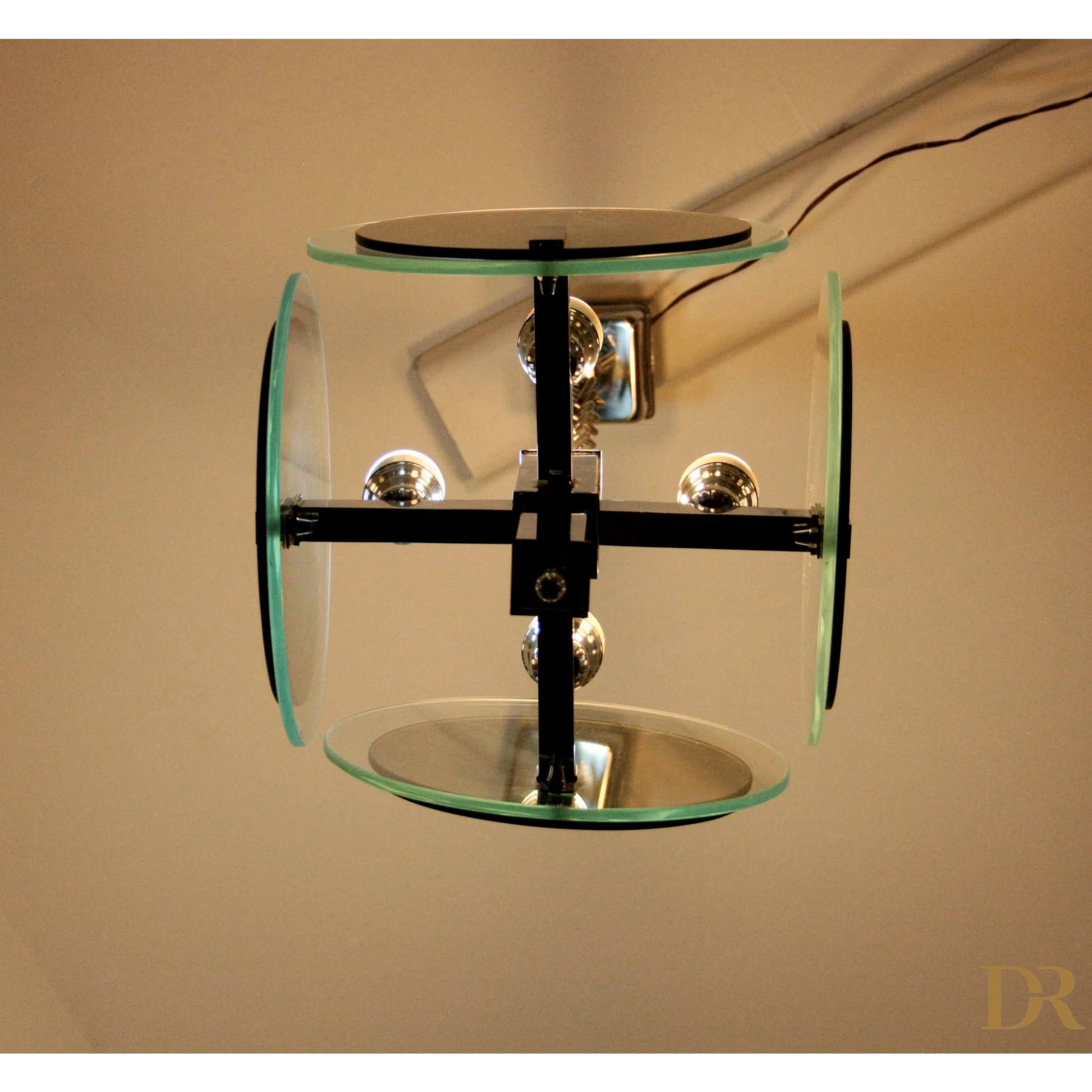 Lampadario vintage art anni 70 in metallo cromato e vetro, design moderno cubico