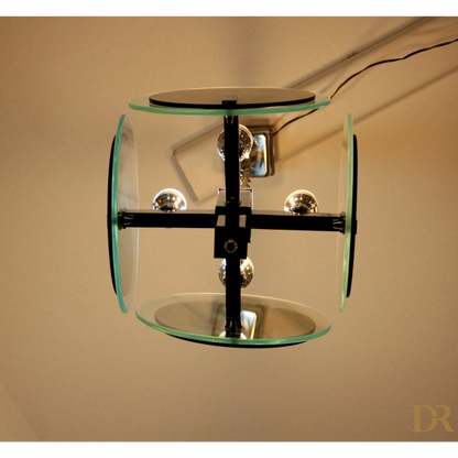 Lampadario vintage art anni 70 in metallo cromato e vetro, design moderno cubico