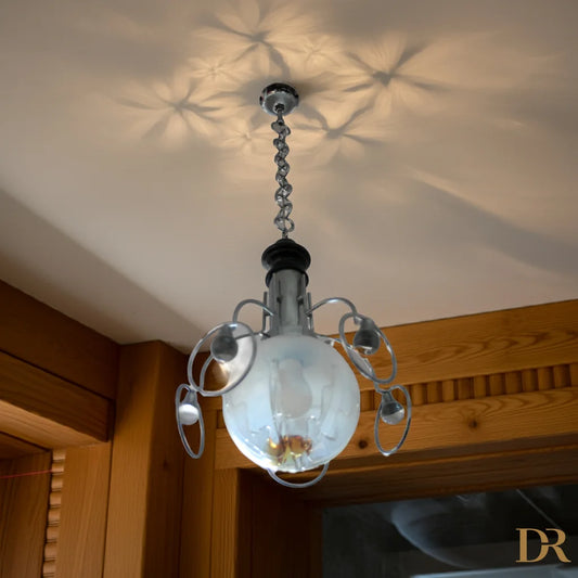 Lampadario vintage Mazzega anni 70 con globo di vetro sospeso, lampadario anni Mazzega