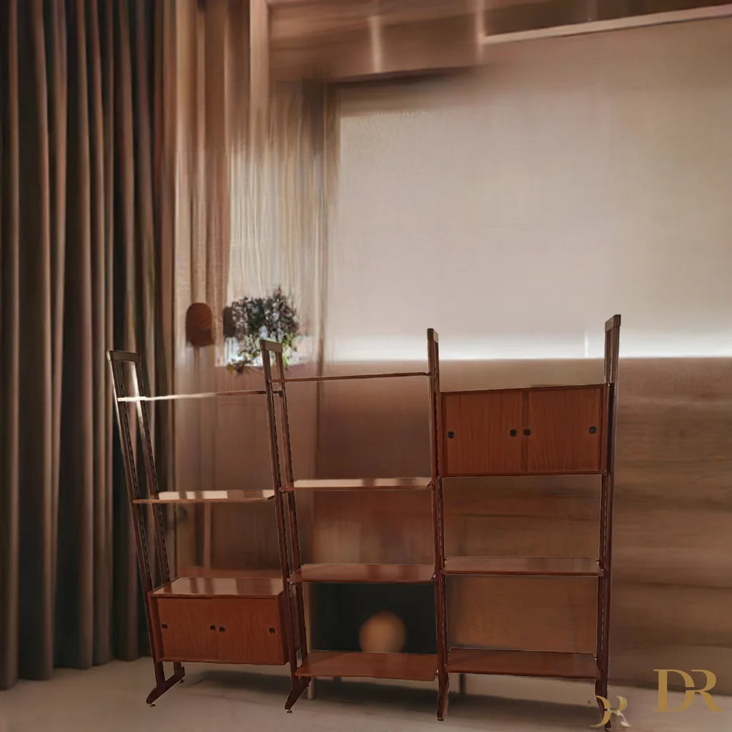 Libreria vintage modulare originale in teak, libreria modulare italiana degli anni 60