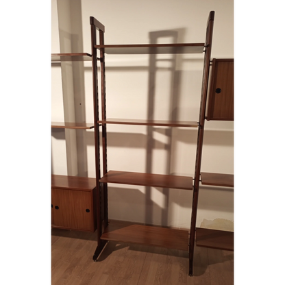 Wooden shelving unit with vertical posts and horizontal display shelves, libreria vintage modulare