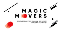 Logo di Magic Movers con accenti rossi, cura per mobili vintage di Dario Raia.