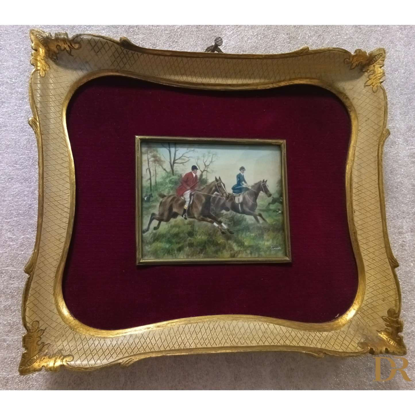 Miniatura olio su tela inglese XIX secolo, due cavalieri, cornice oro