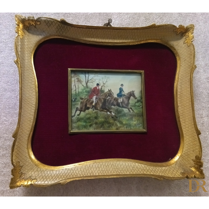 Miniatura olio su tela inglese XIX secolo, due cavalieri, cornice oro