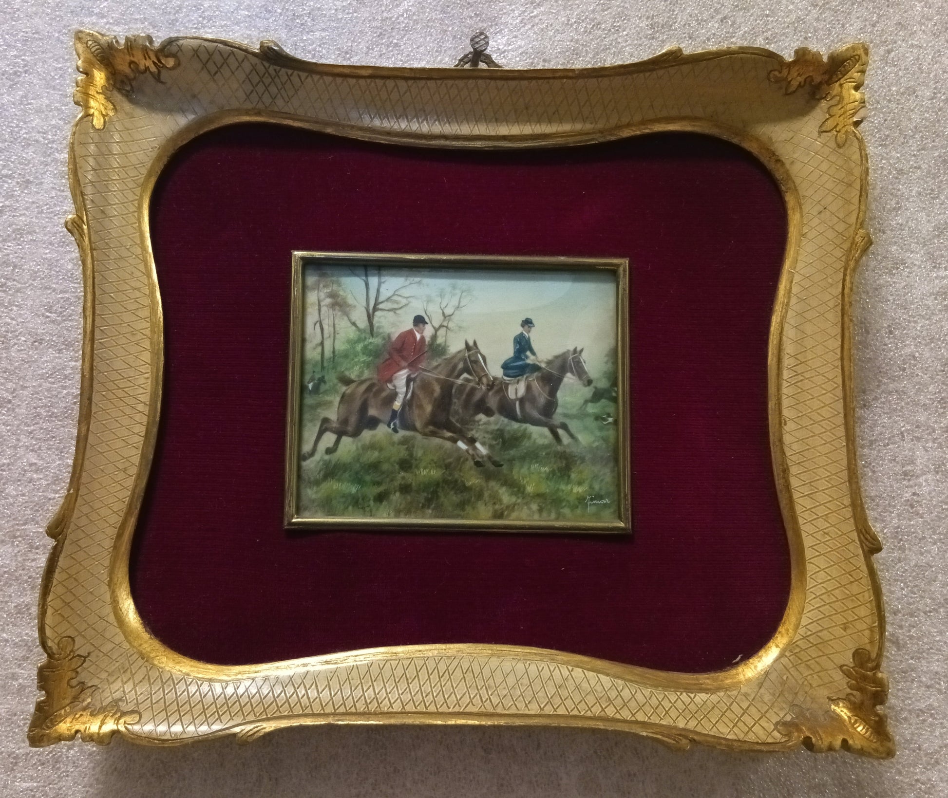 Miniatura olio su tela inglese XIX secolo, due cavalieri, cornice oro