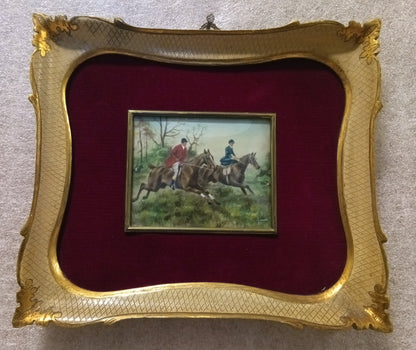 Miniatura olio su tela inglese XIX secolo, due cavalieri, cornice oro