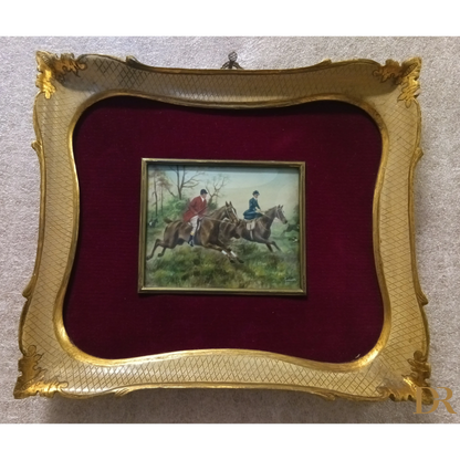 Miniatura olio su tela inglese XIX secolo, due cavalieri, cornice oro