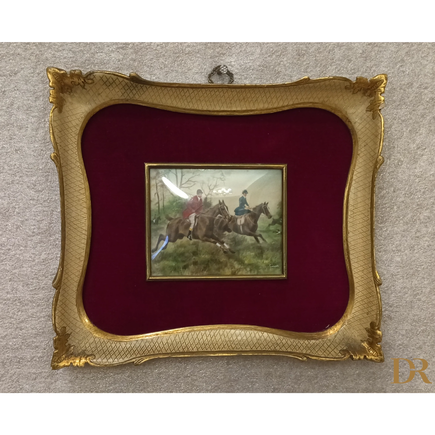 Miniatura olio su tela inglese XIX secolo, due cavalieri, cornice oro originale