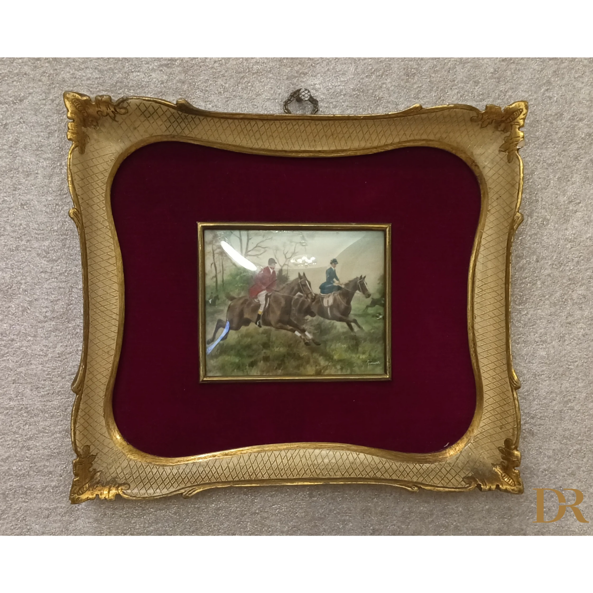 Miniatura olio su tela inglese XIX secolo, due cavalieri, cornice oro originale