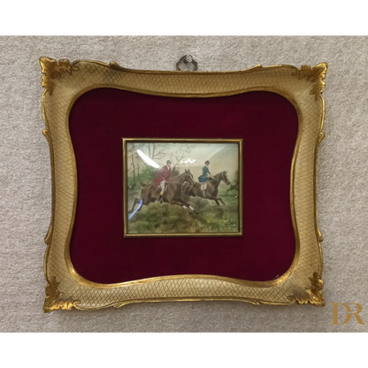 Miniatura olio su tela inglese XIX secolo, due cavalieri, cornice oro originale