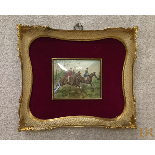 Miniatura olio su tela inglese XIX secolo, due cavalieri, cornice oro originale