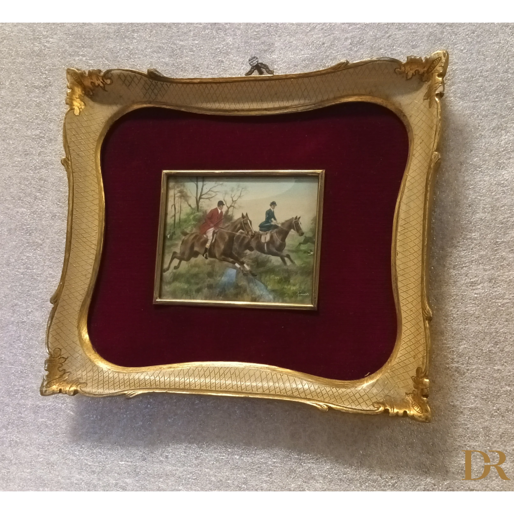 Miniatura olio XIX secolo con cornice dorata e velluto rosso