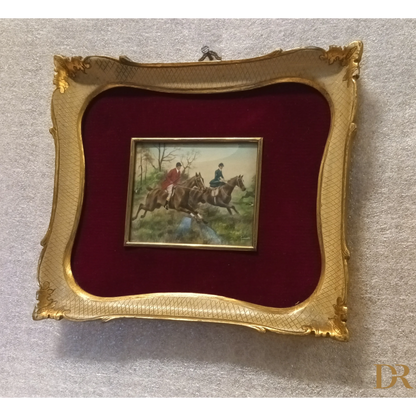 Miniatura olio XIX secolo con cornice dorata e velluto rosso