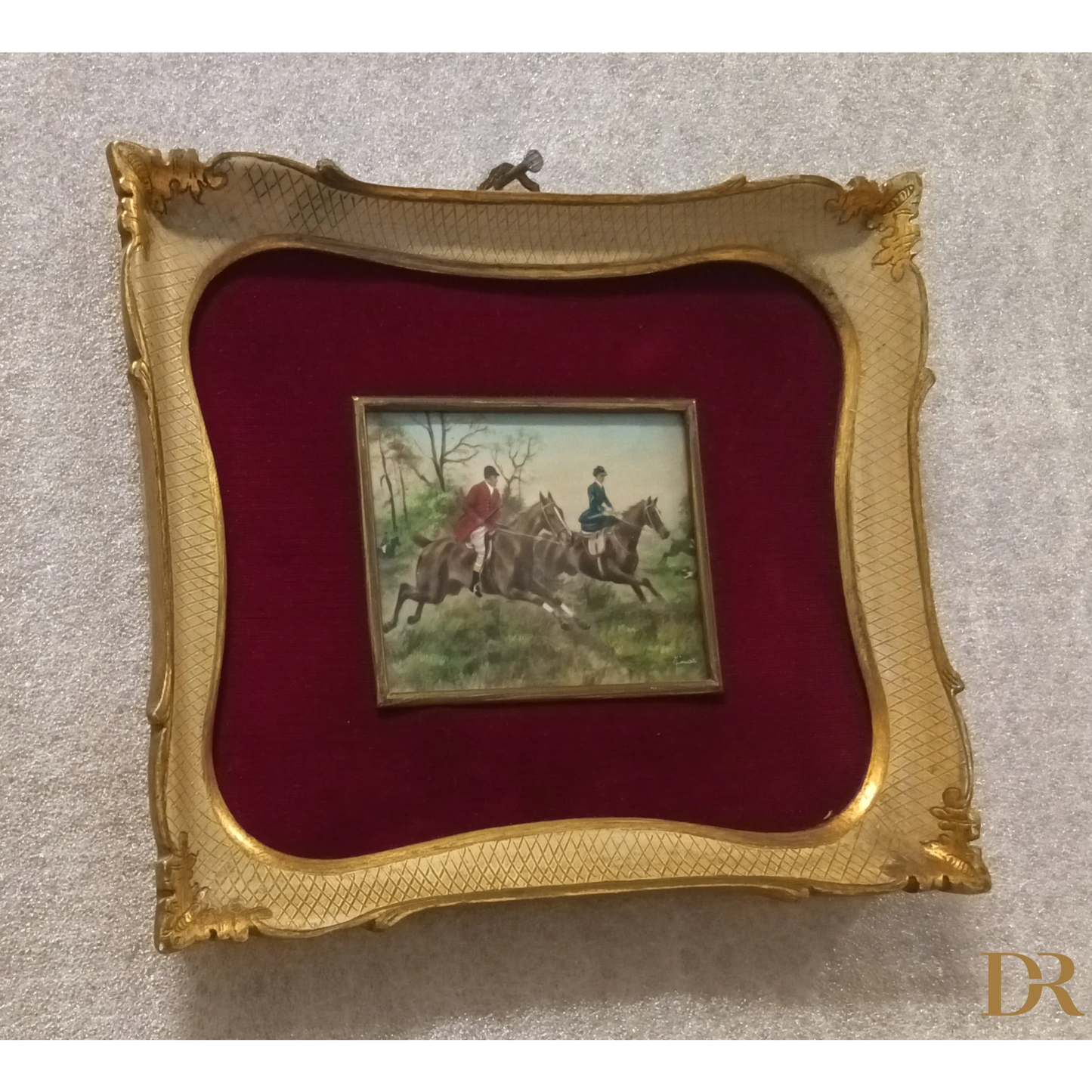 Miniatura olio su tela inglese XIX secolo, due cavalieri, cornice oro, velluto rosso