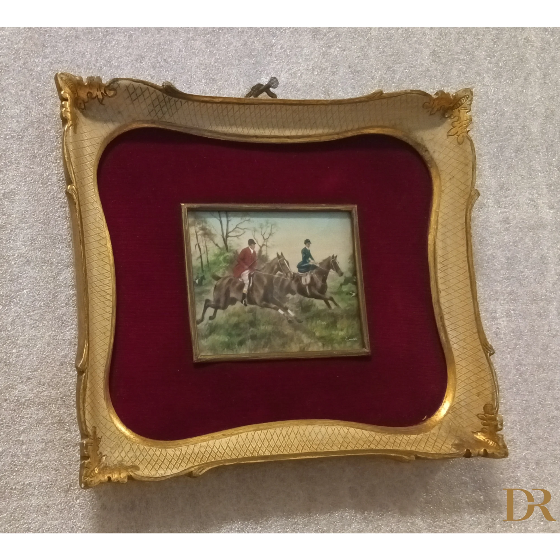 Miniatura olio su tela inglese XIX secolo, due cavalieri, cornice oro, velluto rosso