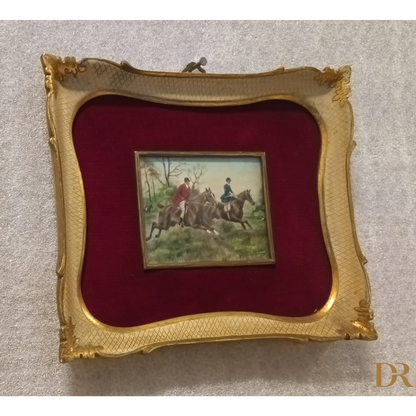 Miniatura olio su tela inglese XIX secolo, due cavalieri, cornice oro, velluto rosso