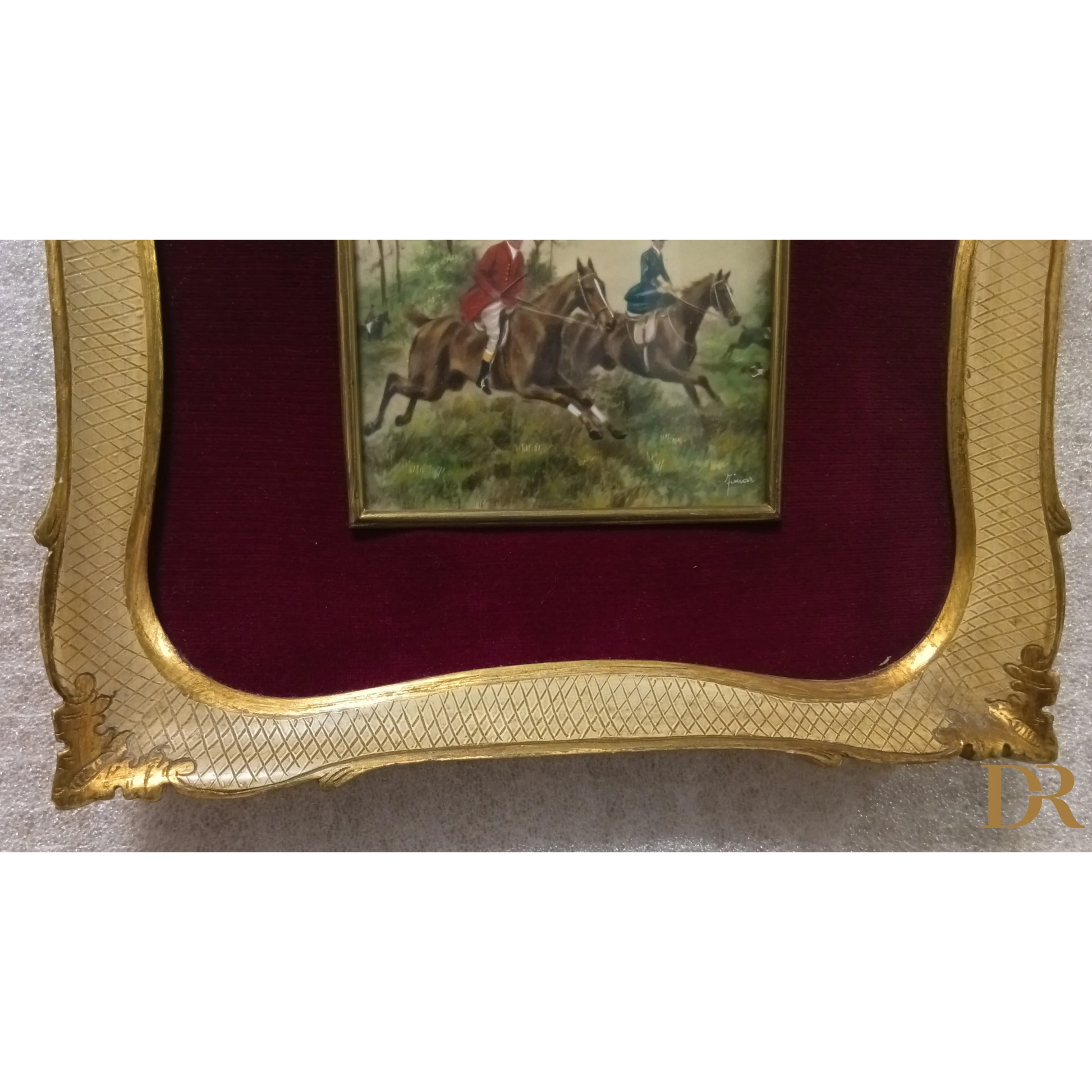 Miniatura olio su tela XIX secolo, scena di caccia in cornice dorata per casa design