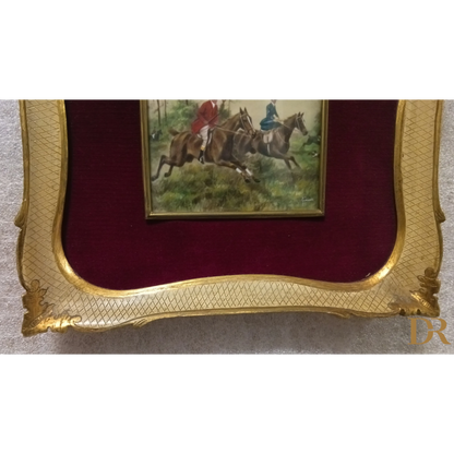 Miniatura olio su tela XIX secolo, scena di caccia in cornice dorata per casa design