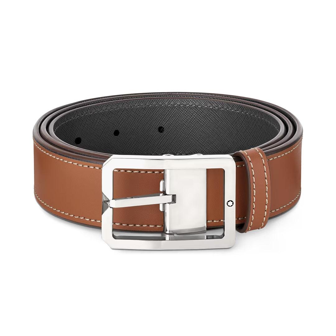 Montblanc cintura 35mm con fibbia rettangolare in pelle marrone/grigio reversibile misura regolabile 131164