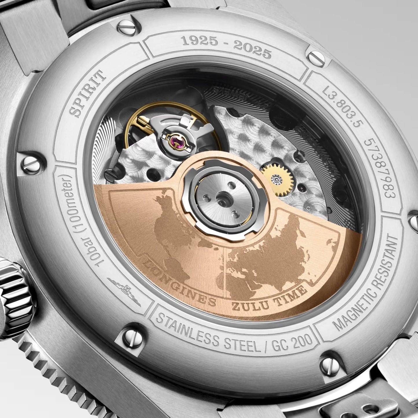 L’orologio longines spirit zulu time 1925 39mm nero automatico oro acciaio con movimento meccanico e rotore inciso con mappa mondiale