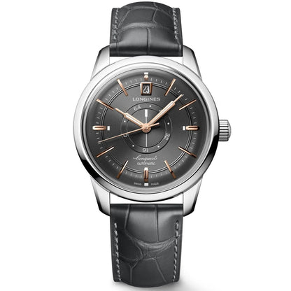 Orologio longines conquest heritage central power reserve 38mm automatico acciaio con quadrante grigio e cinturino pelle nera