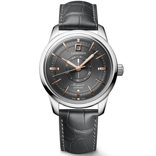 Orologio longines conquest heritage central power reserve 38mm automatico acciaio con quadrante grigio e cinturino pelle nera