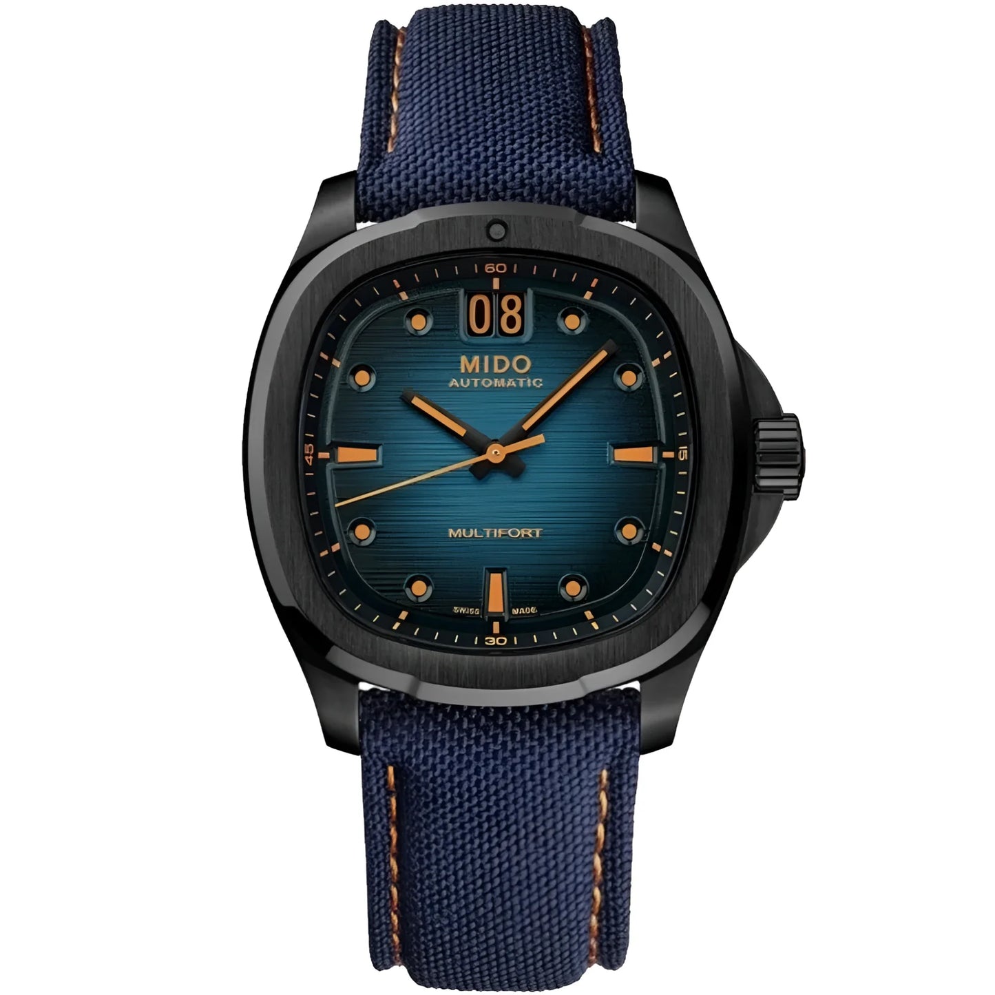 Orologio mido multifort tv big date 39x40mm blu automatico con cassa in acciaio nero PVD e cinturino in tessuto blu