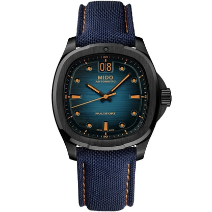 Orologio mido multifort tv big date 39x40mm blu automatico con cassa in acciaio nero PVD e cinturino in tessuto blu