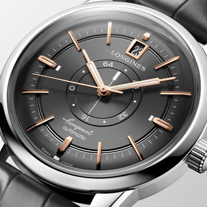 Orologio longines conquest heritage central power reserve 38mm con quadrante nero e dettagli in oro rosa acciaio lucido