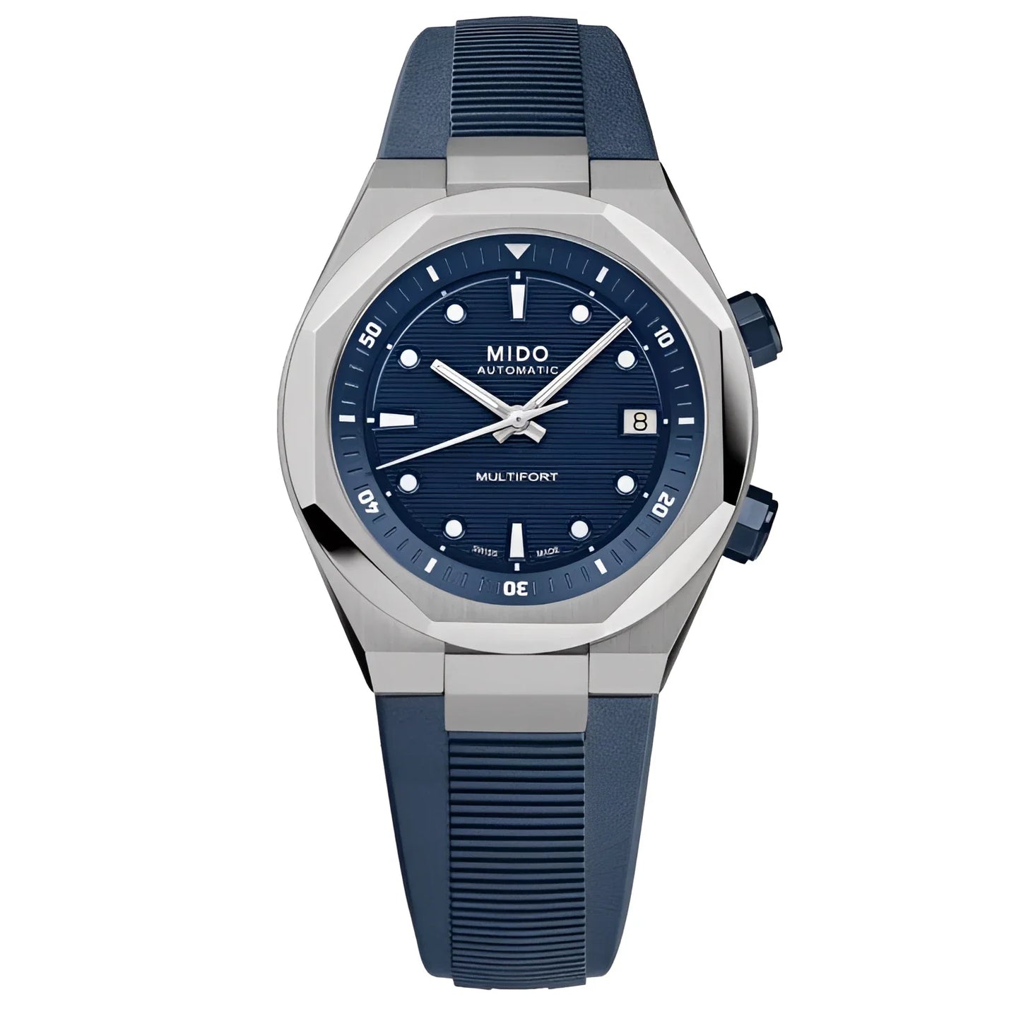 Mido orologio multifort automatico con cassa materiale acciaio, quadrante blu e cinturino in gomma blu navy textured
