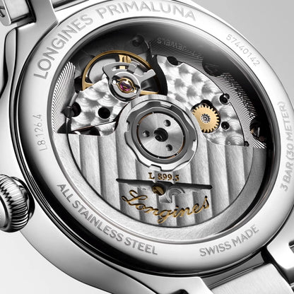 Longines primaluna orologio automatico 34mm con movimento meccanico visibile cassa acciaio lucido argento