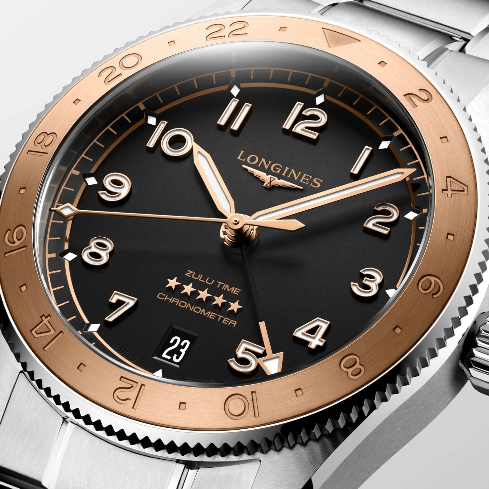 Longines orologio spirit zulu time 1925 39mm con quadrante nero, lunetta e lancette in oro rosa, cassa e bracciale acciaio