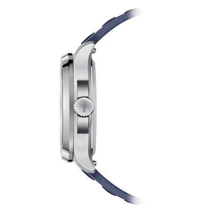 Splendido orologio svizzero mido multifort tv big con cassa in acciaio e cinturino in pelle blu con big date
