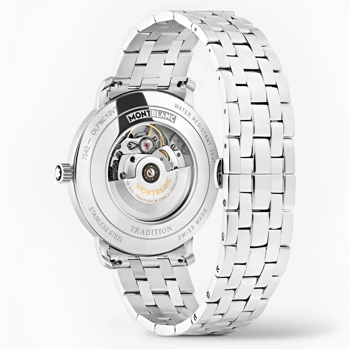 Montblanc tradition automatic con quadrante grigio e lunetta doppia in acciaio con movimento meccanico visibile