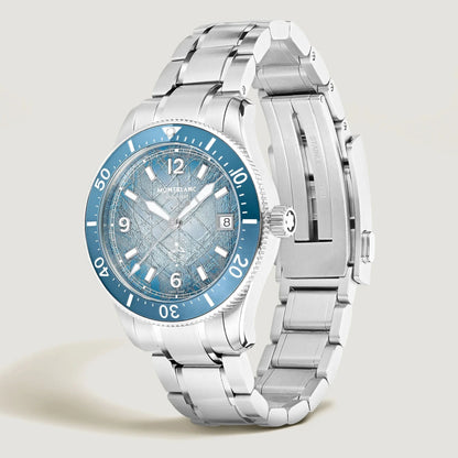 Montblanc orologio iced sea automatic 38mm acciaio con quadrante azzurro brillante e lancette luminescenti