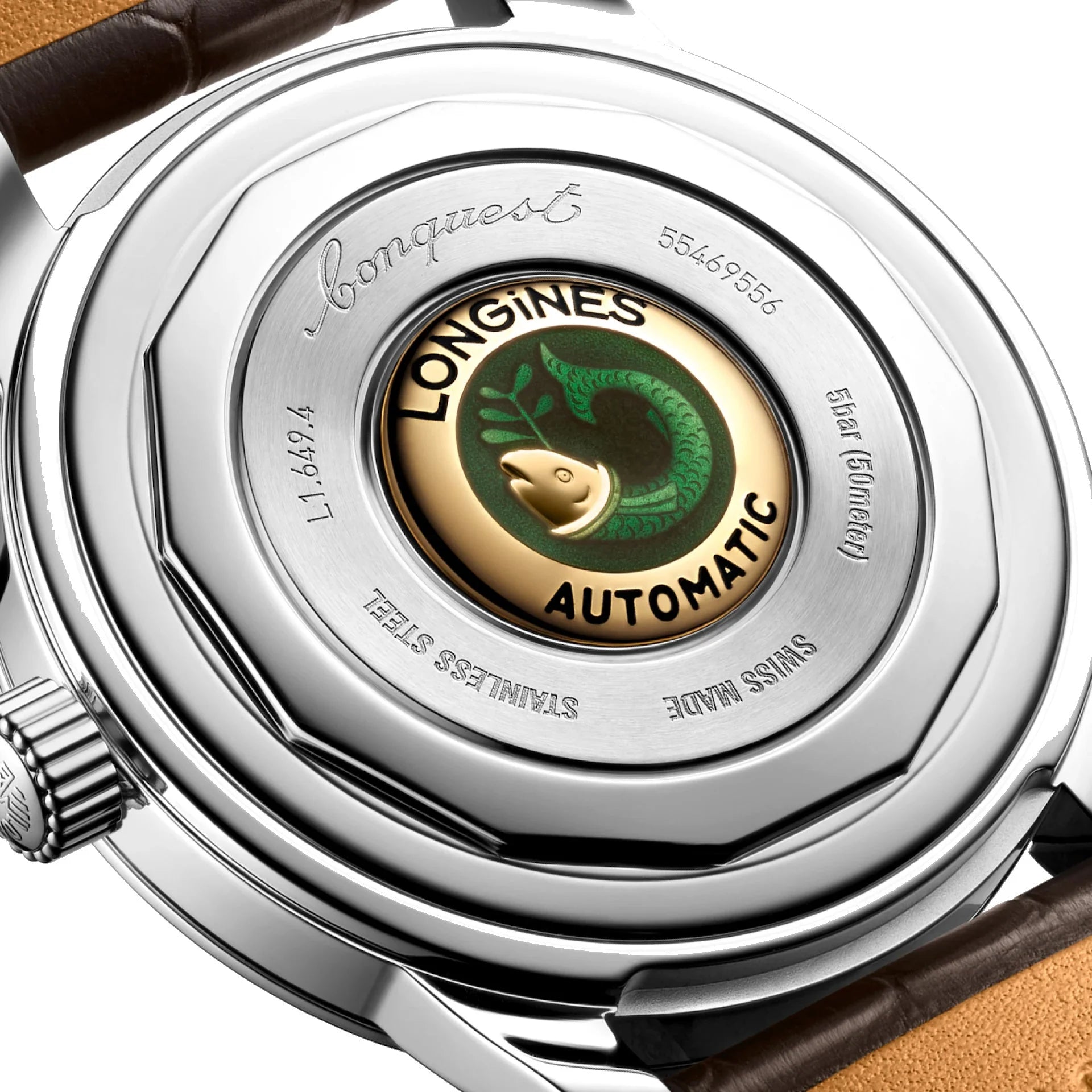 Lato posteriore di longines orologio heritage 38mm marrone acciaio automatico con cassa in acciaio lucido e pesce verde inciso protetto dall ufficio federale svizzero
