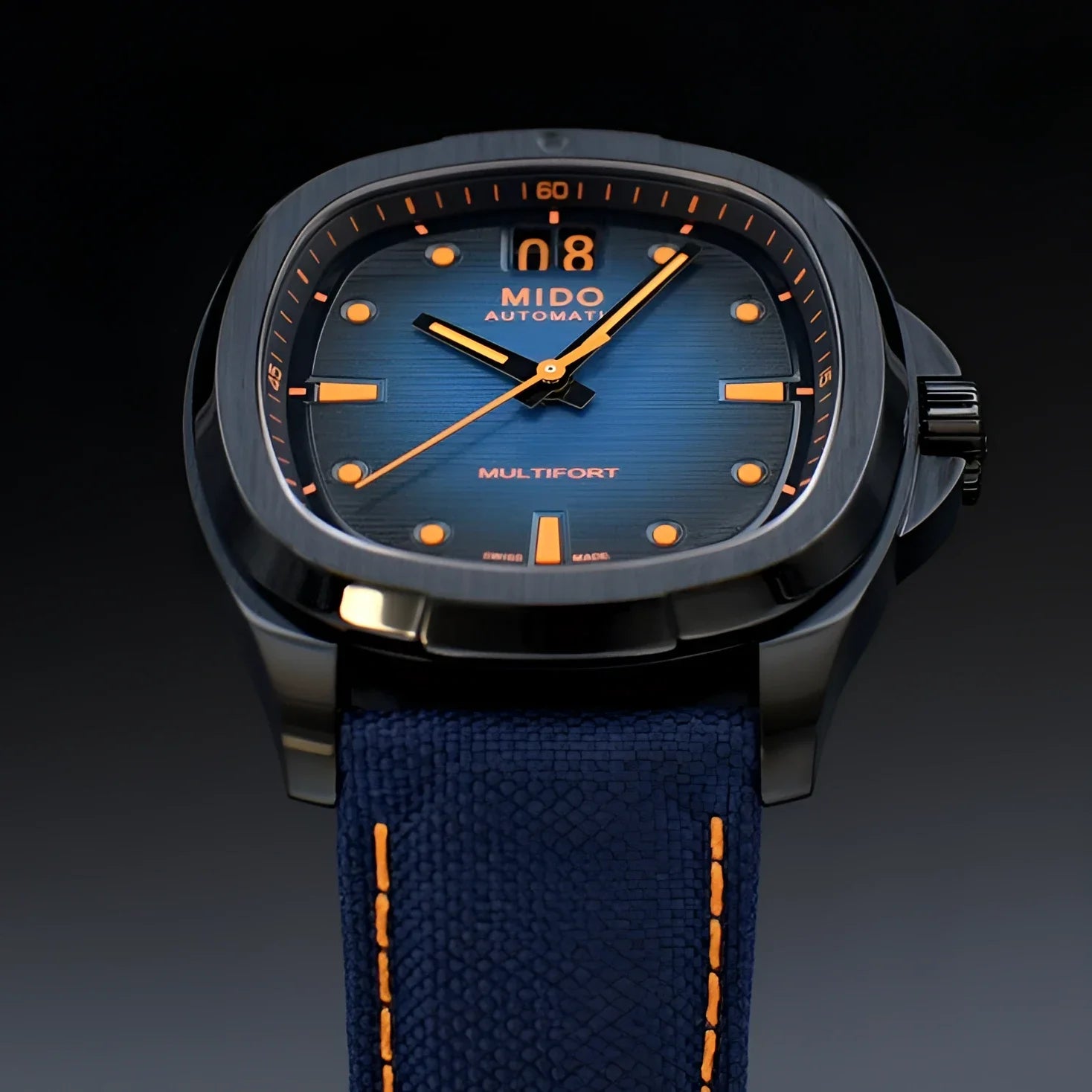 Mido orologio multifort tv big automatico 39x40mm con quadrante blu big date e cassa nera in acciaio PVD