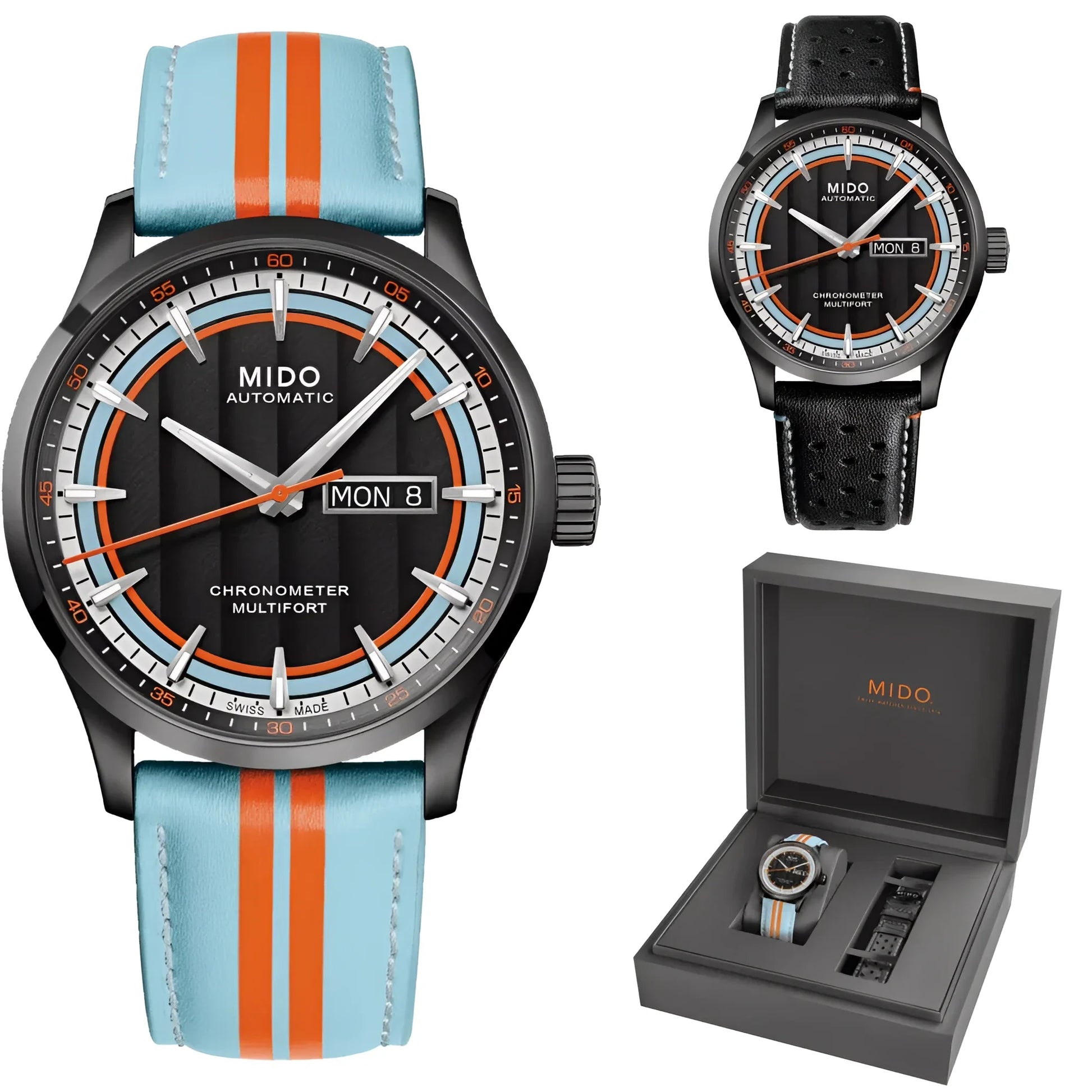 Mido multifort chronometer orologio automatico 42mm nero con quadrante nero e cinturino pelle righe arancione e azzurro