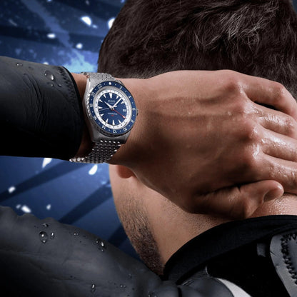 Orologio mido ocean star 40mm blu con funzione gmt e bracciale in acciaio mesh collezione ocean star