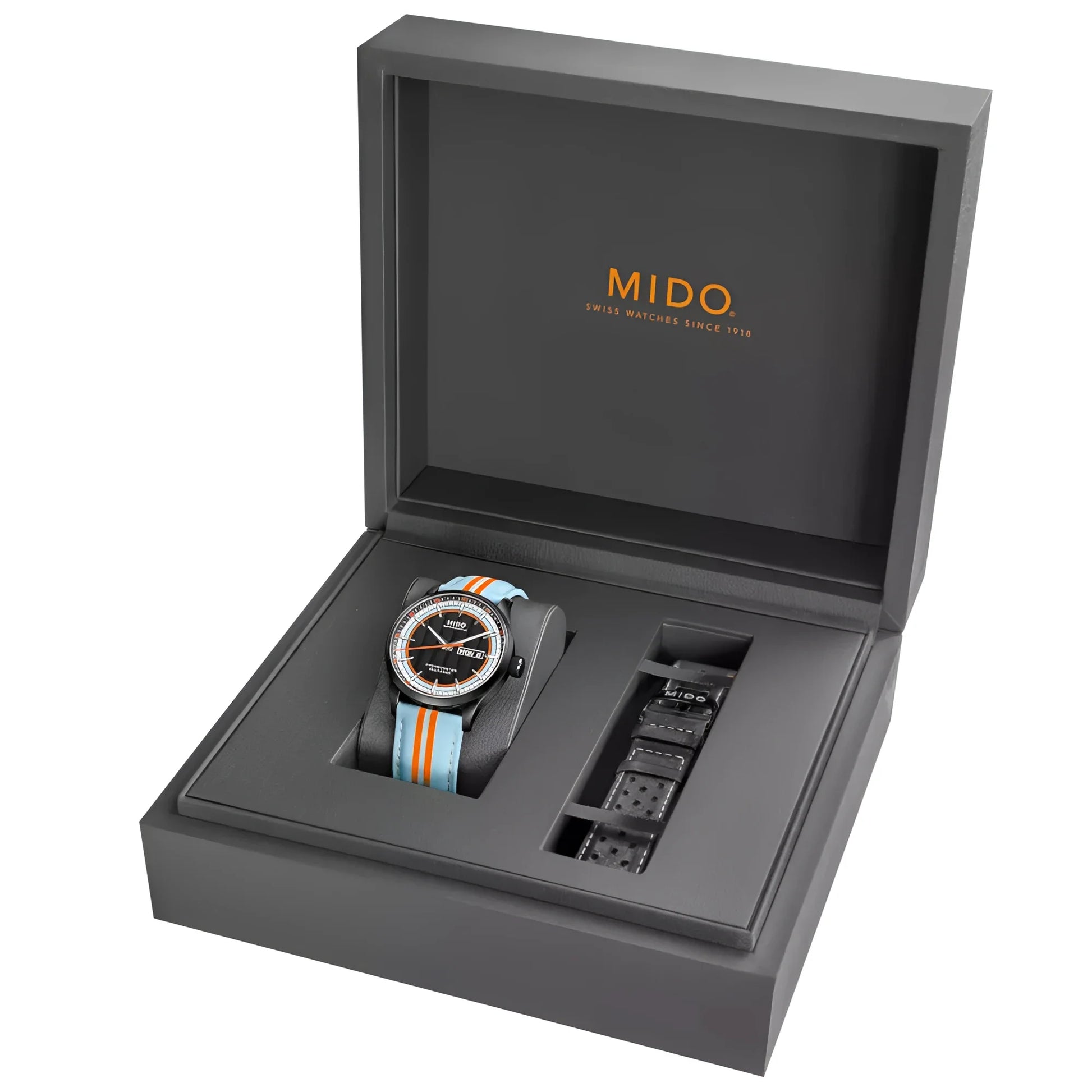 Mido multifort chronometer con quadrante nero e cinturino a righe arancione e azzurro in confezione grigia elegante