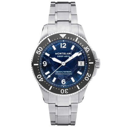 Montblanc iced sea oxygen deep 4810 quadrante blu profondo con bracciale in acciaio inox argento e numeri bianchi