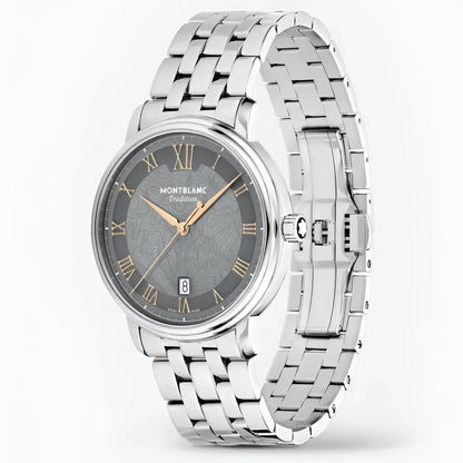 Montblanc tradition automatic orologio 40 mm con quadrante grigio, lunetta doppia e bracciale in acciaio argentato