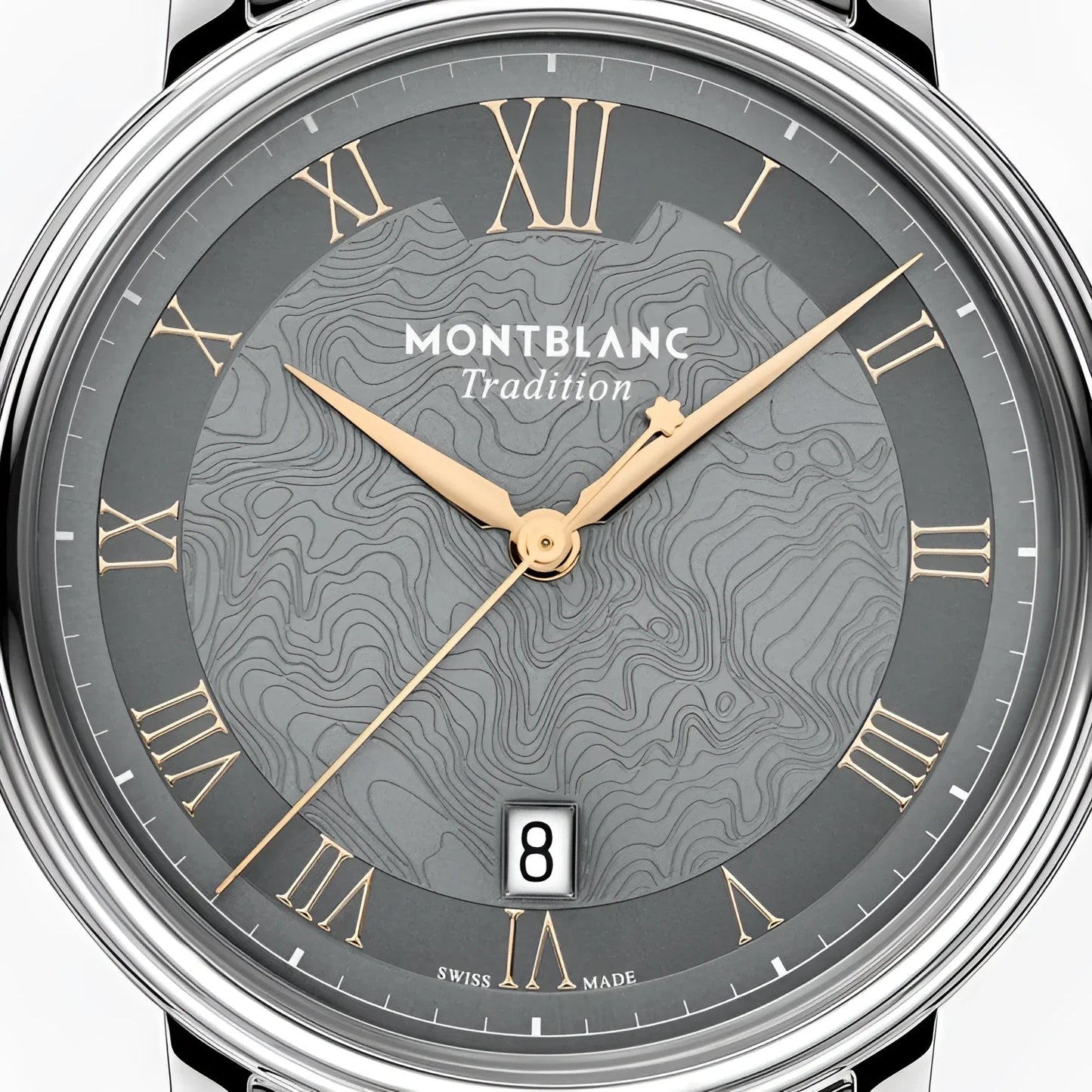 Montblanc tradition automatic con quadrante grigio topografico, numeri romani oro, lunetta doppia in acciaio 40 mm
