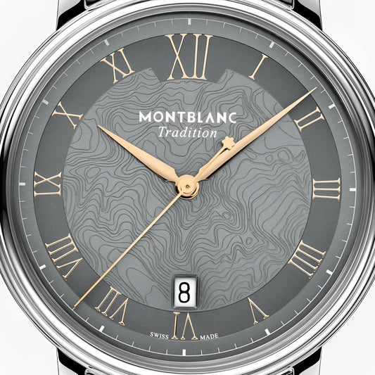 Montblanc tradition automatic con quadrante grigio topografico, numeri romani oro, lunetta doppia in acciaio 40 mm