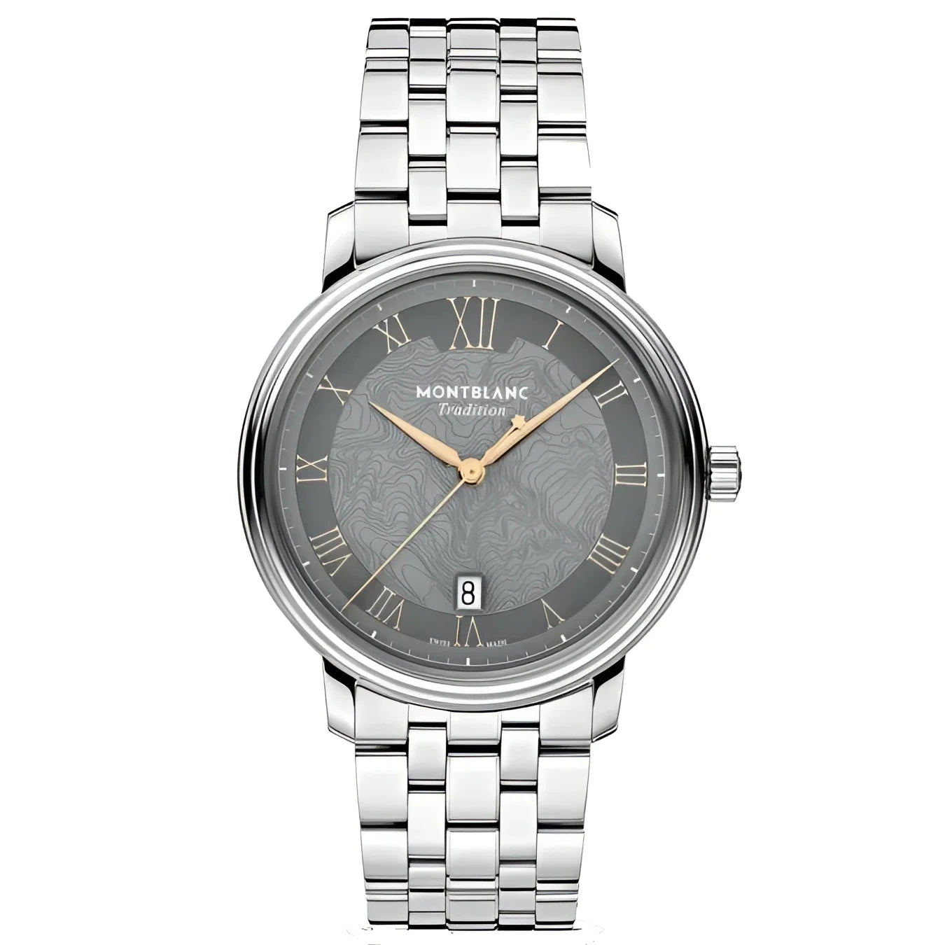 Montblanc tradition automatic con quadrante grigio topografico, lunetta doppia e cinturino acciaio silver